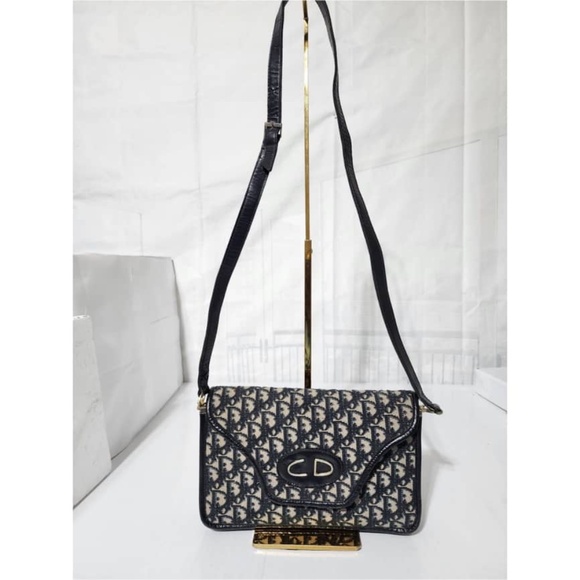 Authentic CHRISTIAN DIOR Vintage Trotter Jacquard Shoulder Bag Black/Beige - Picture 1 of 16